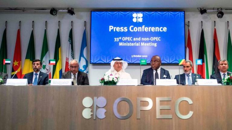 Representatives at a press conference after the Opec and Opec+ ministerial meetings in Vienna, Austria, on Wednesday, Oct 5. – AFPpic
