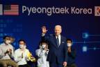 US President Joe Biden waves following a tour of the Samsung Electronics factory in Pyeongtaek /AFPPix