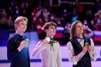 Silver medalist Italy's Daniel Grassl, gold medalist Russia's Mark Kondratiuk and bronze medalist Latvia's Deniss Vasiljevs pose during the medal ceremony for the the men's competition of the European Figure Skating Championship 2022/AFPPix