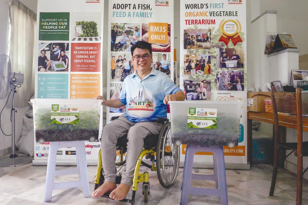 Tang shows the terrarium boxes filled with nutritious vegetables that are ready for adoption by businesses and organisations. – Adib rawi yahya/thesun