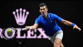 Serbia's Novak Djokovic of Team Europe returns the ball to USA's Frances Tiafoe of Team World during their 2022 Laver Cup men's singles tennis match at the O2 Arena in London on September 24, 2022. - AFPPIX