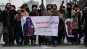 People march along a street while holding banners during a demonstration to condemn the recent protest by the Afghan women’s rights activists, in Kabul on January 21, 2022. AFPPIX