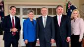 Australia's new Prime Minister Anthony Albanese (C) poses for pictures with his new cabinet ministers, Jim Chalmers (L), Penny Wong (2nd L), Richard Marles and Katy Gallagher (R) after the oath taking ceremony at Government House in Canberra on May 23, 2022. AFPpix