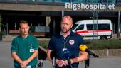 Anders Damm-Hejmdal (R) from the Emergency Management Agency and Chief Physician Casper Claudius address media outside the hospital Rigshospitalet in Copenhagen, on July 4, 2022. AFPPIX