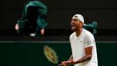 Australia’s Nick Kyrgios reacts as he competes against Greece’s Stefanos Tsitsipas during their men’s singles tennis match on the sixth day of the 2022 Wimbledon Championships at The All England Tennis Club in Wimbledon, southwest London, on July 2, 2022. AFPPIX