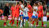 Players from both teams shake hands after the Women’s International friendly football match between England and Netherlands at Elland Road Stadium in Leeds, northern England on June 24, 2022. AFPPIX