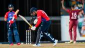 Jason Roy (C) of England is dismissed on 45 by Romario Shepherd (R) of West Indies during the 2nd T20I between West Indies and England at Kensington Oval, Bridgetown, Barbados, on January 23, 2022 AFPPIX
