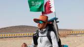 Saudi trekker Abdullah Alsulmi crosses a desert area near al-Khasrah area, some 350Km west of Riyadh, on Septembre 27, 2022, during his solo trek to the Qatari capital ahead of the FIFA World Cup. AFPPIX