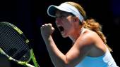 Danielle Collins of the US reacts while on her way to victory against Belgium’s Elise Mertens during their women’s singles match on day eight of the Australian Open tennis tournament in Melbourne on January 24, 2022. AFPPIX