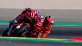 Ducati Italian rider Francesco Bagnaia rides his bike during the MotoGP fourth free practice session ahead of the Moto Grand Prix of Aragon at the Motorland circuit in Alcaniz on September 17, 2022. - AFPPIX