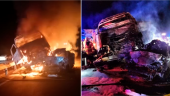 12 May, 2022 -- Five were burnt to death when the car they were travelling in caught fire after being involved in a collision with two trailers at KM246 of the North-South Expressway northbound near Kuala Kangsar. Credit: JBPM