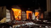 This picture taken early on July 2, 2022 shows a fire inside the building used by Libya’s Tobruk-based parliament building in the country’s east, lit up by protesters who broke inside while demonstrating against deteriorating living conditions and political deadlock. AFPPIX