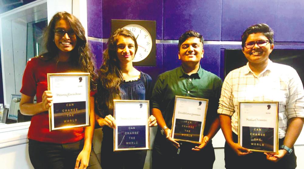 $!Mathura (fourth, from left) with her colleagues from youth movement Ascendance with their Diana Award. – courtesy of Mathura A. Kannan