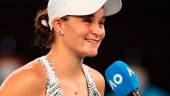Australia’s Ashleigh Barty takes part in an interview on court after beating Jessica Pegula (unseen) of the US in their women’s singles quarterfinal match on day nine of the Australian Open in Melbourne on Jan 25, 2022. – AFPPIX