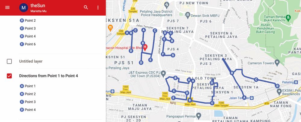 The writer created this piece of GPS art that spells out the name of theSun near the office in Petaling Jaya. – Google maps