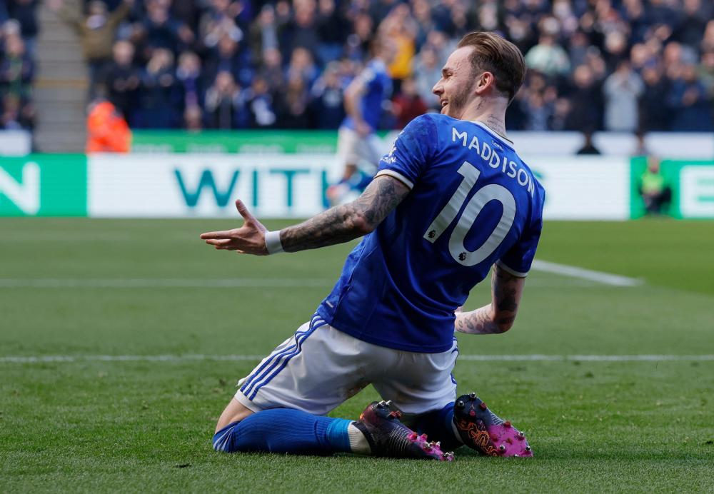 Football - Premier League - Leicester City v Brentford - King Power Stadium, Leicester, Britain - March 20, 2022 Leicester City’s James Maddison celebrates scoring their second goal. REUTERSPIX