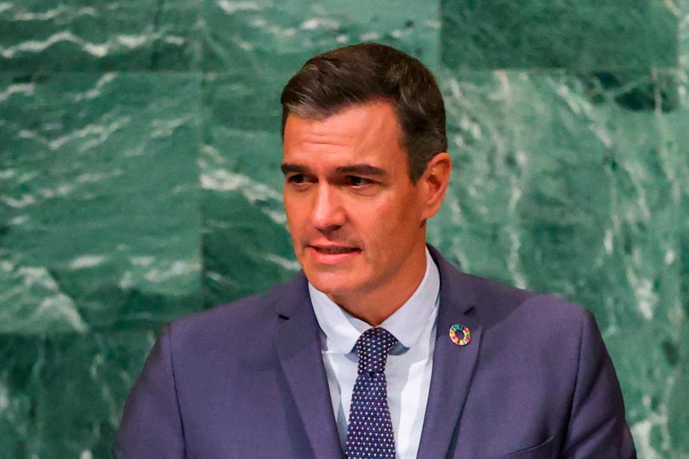 FILE PHOTO: Spanish Prime Minister Pedro Sanchez addresses the 77th Session of the United Nations General Assembly at U.N. Headquarters in New York City, U.S., September 22, 2022. REUTERSPIX