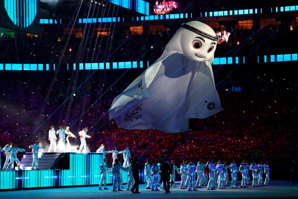 $!View of the official mascot La’eeb during the opening ceremony. – REUTERSPIX