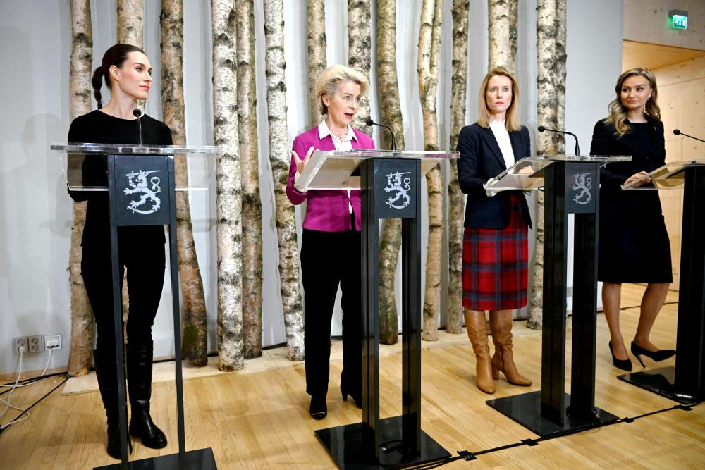 Prime Minister of Finland Sanna Marin, European Commission President Ursula von der Leyen, Prime Minister of Estonia Kaja Kallas and Deputy Prime Minister of Sweden Ebba Busch during the press conference of the Into the Woods event at the Finnish Nature Centre Haltia in Espoo, Finland, on November 24, 2022. REUTERSPIX