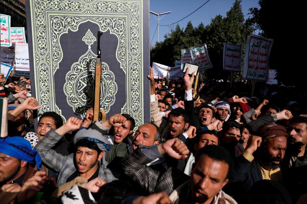 Houthi supporters rally to denounce the burning of a copy of the holy Koran during Sweden protests, in Sanaa, Yemen January 23, 2023. REUTERSPIX