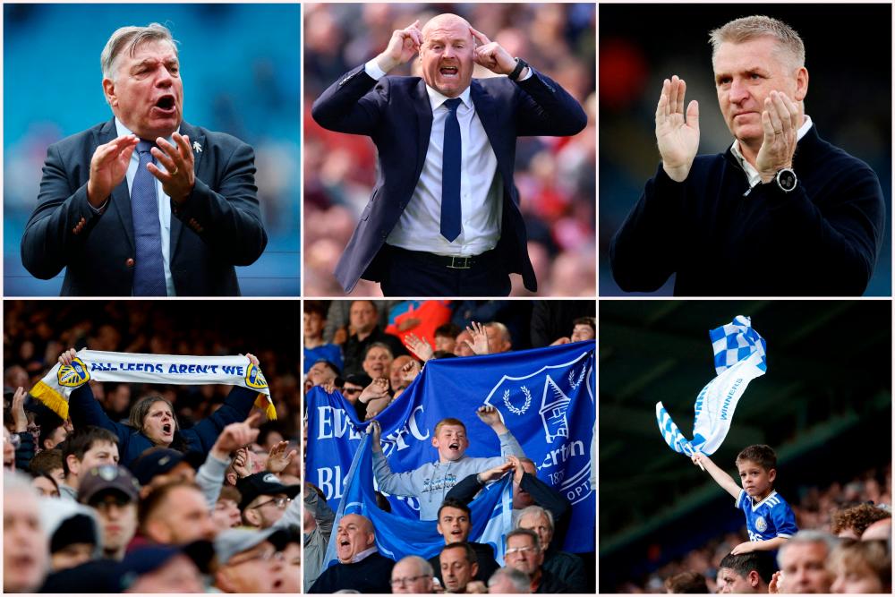 Leeds United manager Sam Allardyce, Everton manager Sean Dyche, Leicester City manager Dean Smith and football fans from their respective clubs, as only one team will avoid relegation from the Premier League on Sunday. May 26, 2023. REUTERSPIX