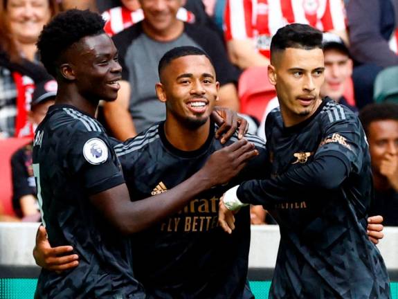 Arsenal’s Gabriel Jesus celebrates scoring their second goal with Gabriel Martinelli and Bukayo Saka/REUTERSPix