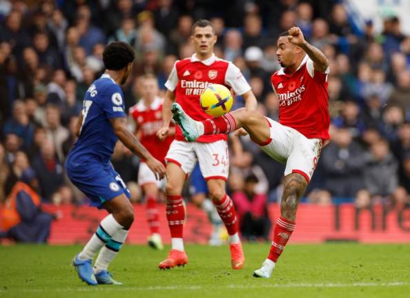 Arsenal’s Gabriel Jesus in action with Chelsea’s Raheem Sterling Action/REUTERSPix