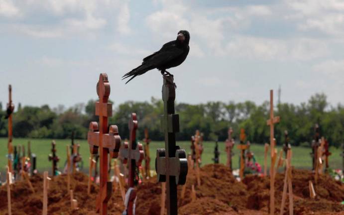 A bird sits on a cross amid newly-made graves at a cemetery in the course of Ukraine-Russia conflict in the settlement of Staryi Krym outside Mariupol. - REUTERSpix
