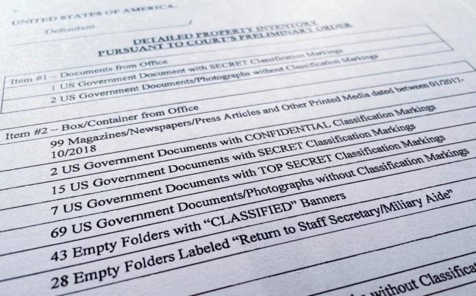 FILE PHOTO: A detailed property inventory of documents and other items seized from former U.S. President Donald Trump's Mar-a-Lago estate shows the seizure of dozens of empty folders marked Classified or marked that they were to be returned to the president's staff assistant or military aide after the inventory was released to the public by the U.S. District Court for the Southern District of Florida September 2, 2022. REUTERSPIX