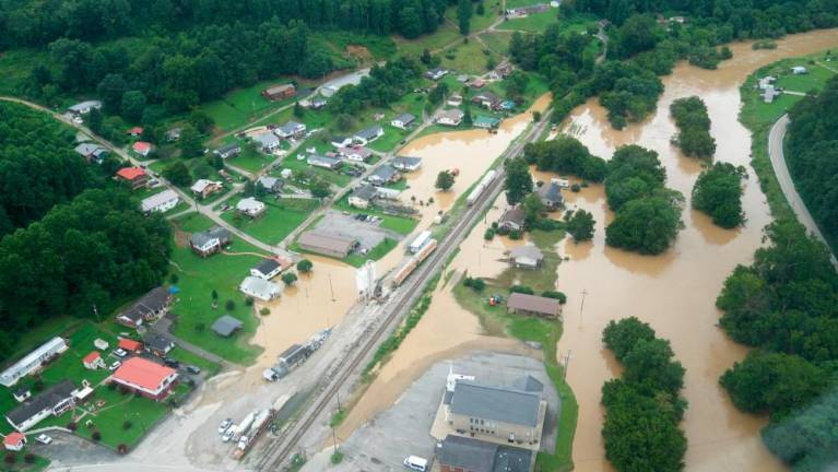 A valley lies flooded as seen from a helicopter during a tour by Kentucky Governor Andy Beshear over eastern Kentucky/REUTERSPix