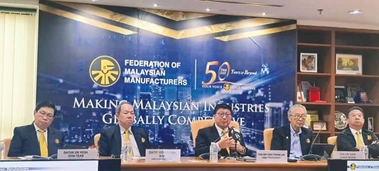 From left: FMM CEO Datuk Dr Yeoh Oon Tean, vice-presdent Datuk Goh Boon Kim, Soh, vice-president Tan Sri Saw Choo Boon, and vice-president Datuk Dr Andy K.H. Seo during the press conference.
