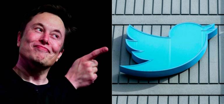 (COMBO) This combination of file pictures created on November 18, 2022 shows Tesla CEO Elon Musk on March 14, 2019, Hawthorne, California and the Twitter logo outside their headquarters in San Francisco, California, on October 28, 2022 - AFPPIX