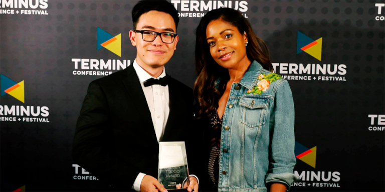 Soon (left) with actress Naomi Harris after receiving an award for his first film Something Carved and Real at the Terminus Conference + Festival Campus Moviefest in San Francisco.