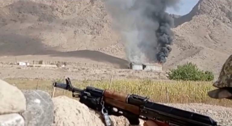A still image from video, released by the Kyrgyz border guard service, shows what it said to be active military confrontation on Kyrgyz-Tajik border as seen from an unidentified location in the Batken region, Kyrgyzstan, in this still image taken from handout footage released September 16, 2022/REUTERSPix