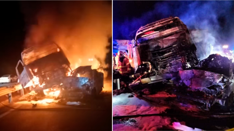12 May, 2022 -- Five were burnt to death when the car they were travelling in caught fire after being involved in a collision with two trailers at KM246 of the North-South Expressway northbound near Kuala Kangsar. Credit: JBPM