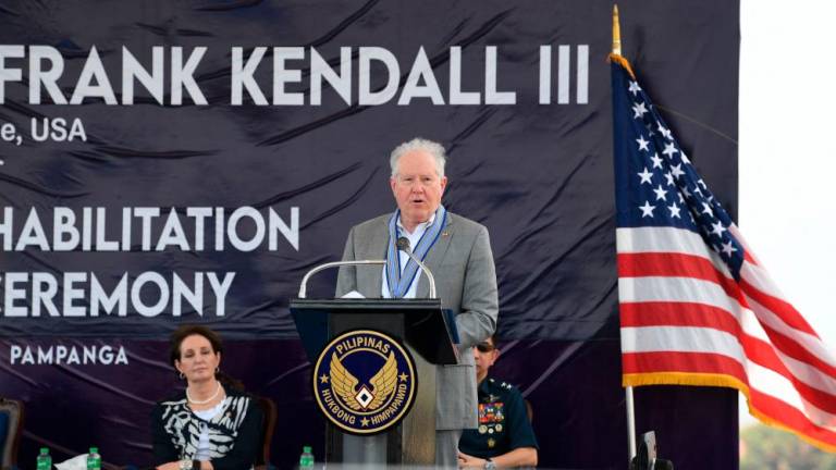 Frank Kendall III, US Secretary of the Air Force, speaks at a press conference during a ground breaking ceremomny of a runway rehabilitation at Basa Air Base in Floridablanca town, Pampanga Province, north of Manila on March 20, 2023. AFPPIX