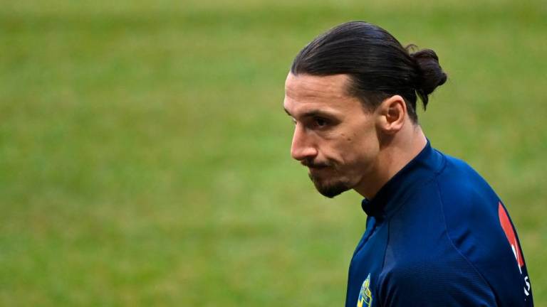 In this file photo taken on March 23, 2021 Zlatan Ibrahimovic, forward of Sweden’s national football team, attends a training session in Stockholm, prior to the World Cup qualifier of Sweden vs Georgia/AFPPix