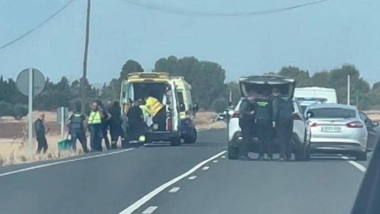 Civil guards and medical staff are deployed after three people were killed and two injured following the intervention of armed police in a shootout sparked by an argument between a man and his father, according to the police, near Ciudad Real, Spain October 26, 2022 in this screengrab taken from video. - REUTERSPIX