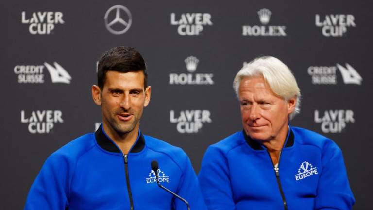Tennis - Laver Cup - Media Day - 02 Arena, London, Britain - September 22, 2022 Team Europe’s Novak Djokovic and captain Bjorn Borg during a press conference. REUTERSPIX