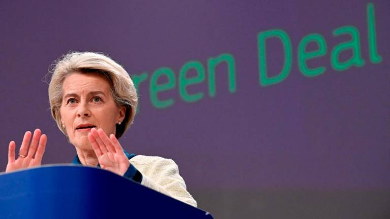 Von der Leyen giving a press conference on presented proposals to support industry in face of energy crisis and US, Chinese subsidies at the EU headquarters in Brussels on Wednesday, Feb 1. – AFPpic