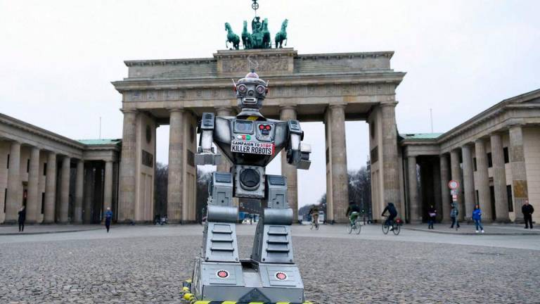 A robot is pictured as activists from the Campaign to Stop Killer Robots, a coalition of non-governmental organisations opposing lethal autonomous weapons or so-called ‘killer robots’, stage a protest at Brandenburg Gate in Berlin, Germany, March, 21, 2019. REUTERSPIX