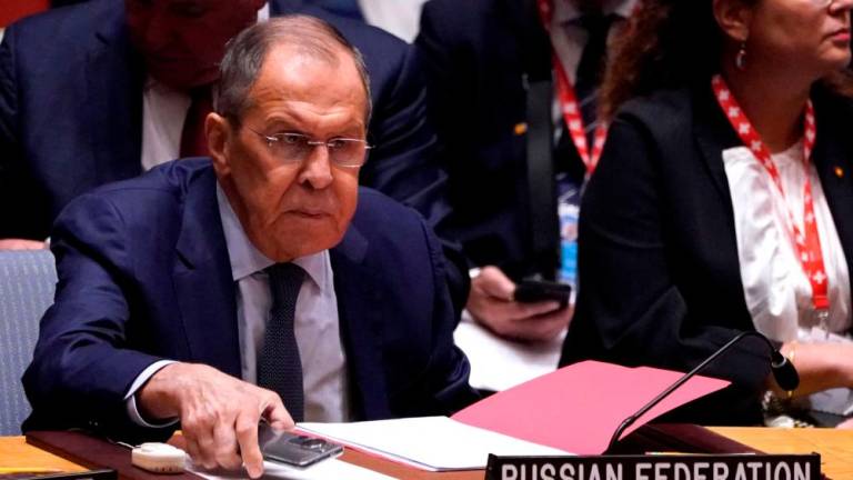 Russian Foreign Minister Sergei Lavrov attends a UN Security Council meeting on Ukraine, on the sidelines of the 78th UN General Assembly, at UN headquarters in New York City on September 20, 2023. AFPPIX