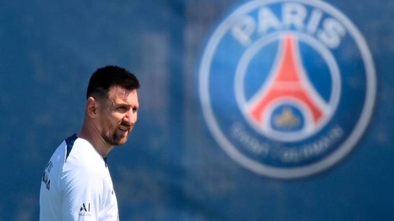 Paris Saint-Germain’s Argentinian forward Lionel Messi reacts during a training session at club’s training ground in Saint-Germain-en-Laye, west of Paris on June 1, 2023, two days prior to the L1 football match against Clermont. AFPPIX