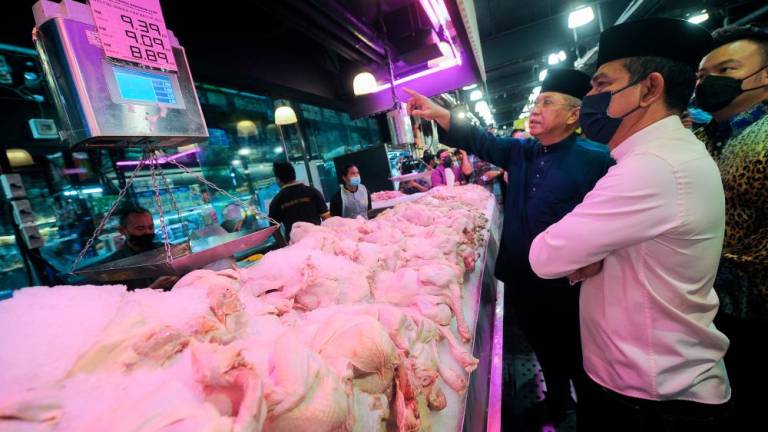 KUALA LUMPUR, 1 Julai -- Menteri Komunikasi dan Multimedia Tan Sri Annuar Musa melihat tanda harga semasa ayam segar ketika tinjauan harga barangan bersubsidi di sebuah pasaraya. fotoBERNAMA