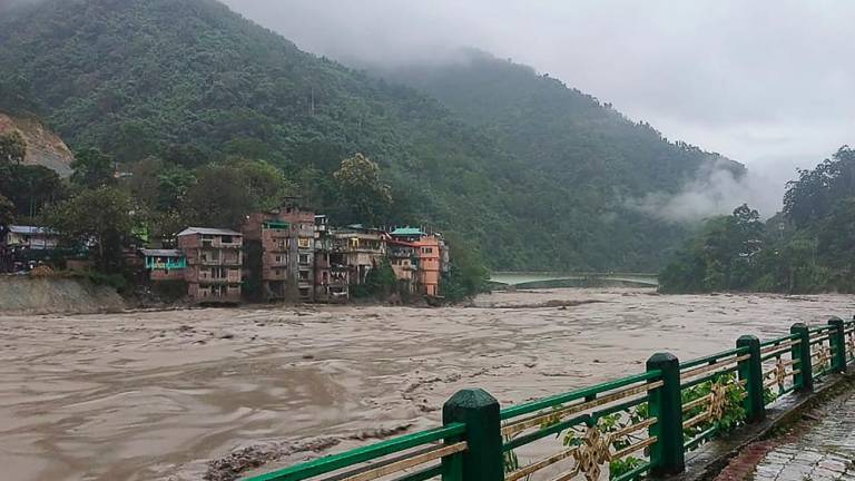 This handout photograph released by the Indian Army and taken on October 4, 2023, shows the Teesta River during its course along Lachen valley, in India's Sikkim state following a flash flood caused by intense rainfall. AFPPIX