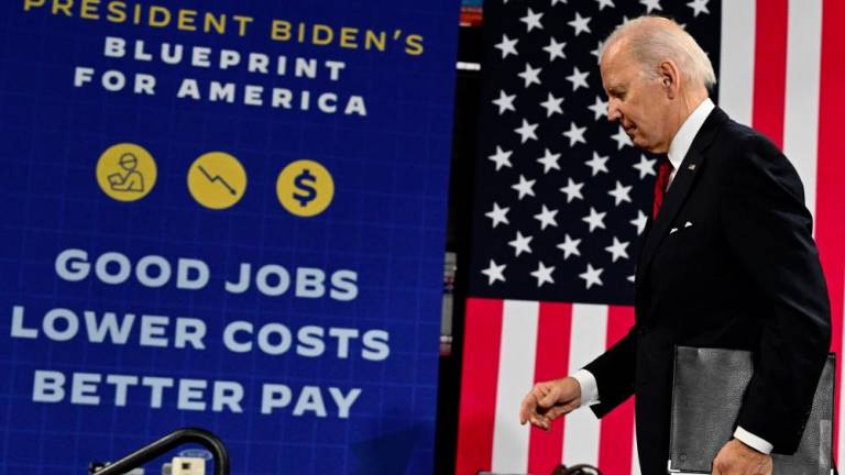 Biden departs after speaking about the economy at Steamfitters Local 602 in Springfield, Virginia, on Thursday. Biden says he will veto any Republican legislation that threatens to sow ‘chaos’ in the US economy. – AFPpic