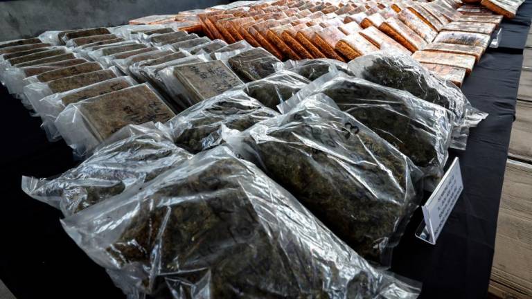 GEORGE TOWN, Jan 23 -- Cannabis-type drugs weighing 840,729 kilograms (kg) worth RM2.1 million seized in four raids in the North-East and South-West districts on January 18 and 19 were displayed at a press conference at the State Police Contingent Headquarters today. BERNAMAPIX