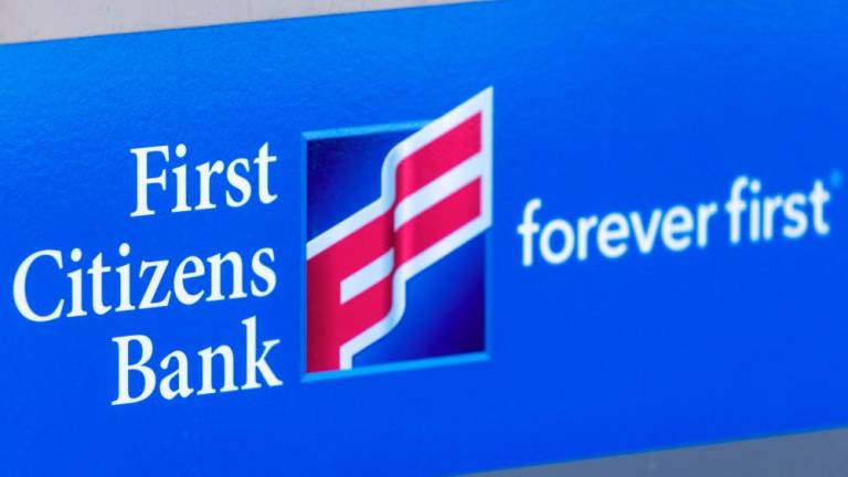 A view of First Citizens Bank’s sign and logo. Shares of First Citizens soared 53.7% on Monday.– Reuterspic
