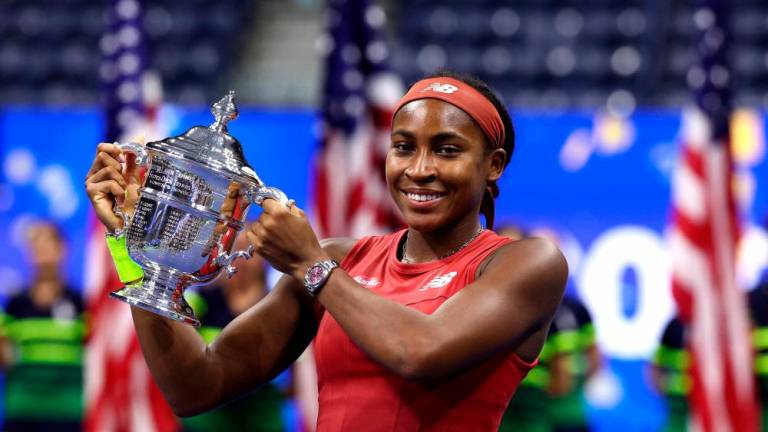 Coco Gauff of the United States celebrates after defeating Aryna Sabalenka of Belarus in their Women's Singles Final match on Day Thirteen of the 2023 US Open at the USTA Billie Jean King National Tennis Center on September 09, 2023 in the Flushing neighborhood of the Queens borough of New York City. AFPPIX