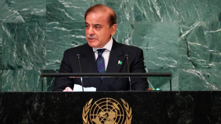 NEW YORK, NEW YORK - SEPTEMBER 23: Prime Minister of the Islamic Republic of Pakistan Muhammad Shehbaz Sharif speaks at the 77th session of the United Nations General Assembly (UNGA) at U.N. headquarters on September 23, 2022 in New York City. - AFPPIX